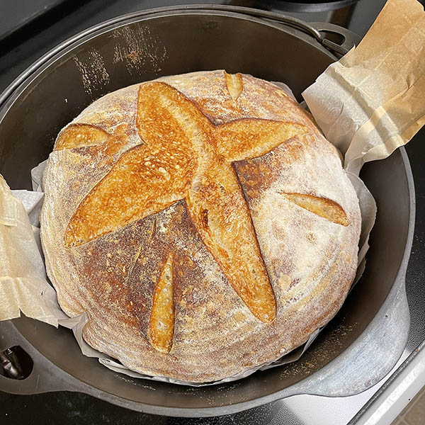 How much faster a sourdough loaf cooks in a CI dutch oven than